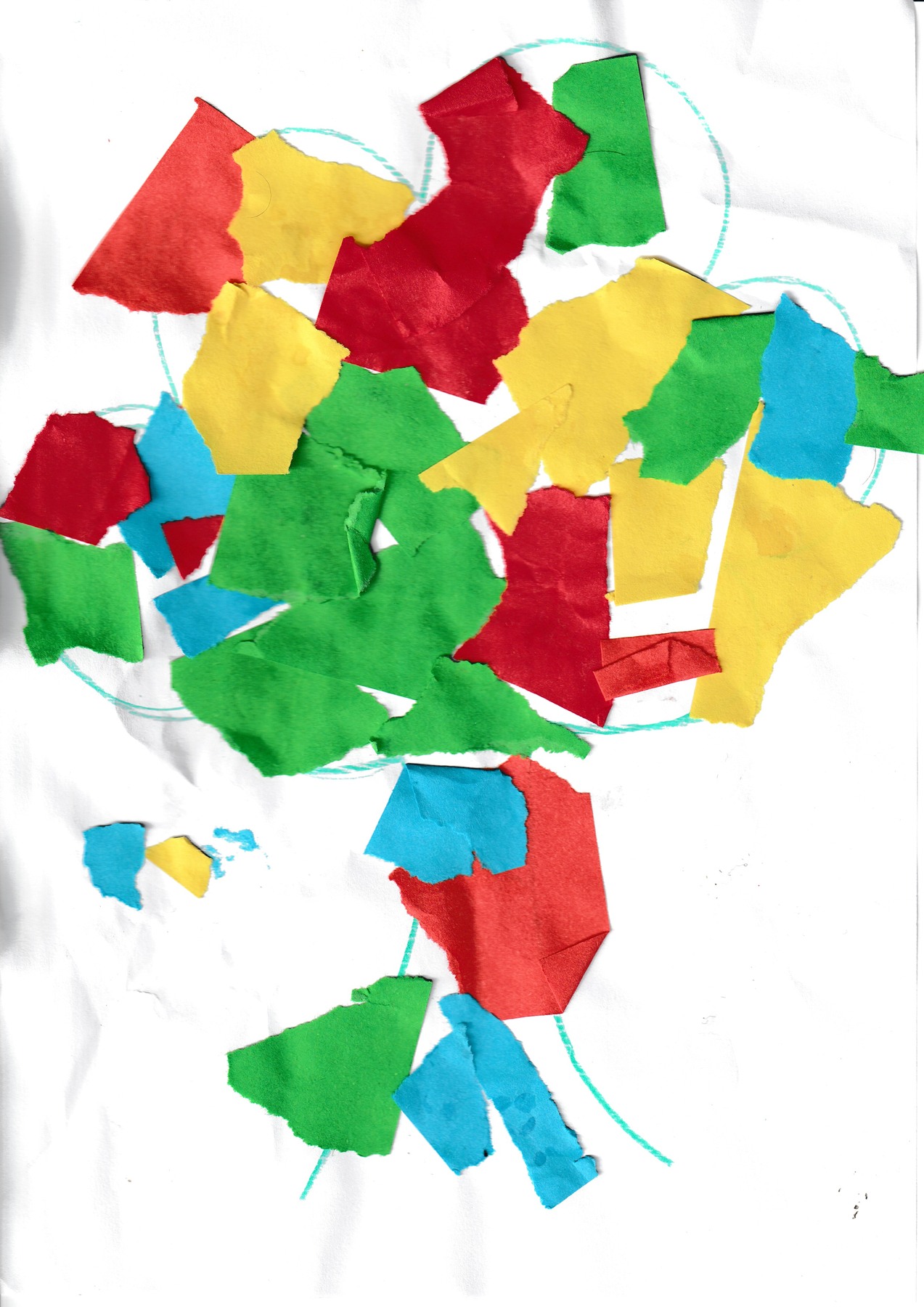 Torn red, yellow, green and blue paper pieces glued onto a white page.